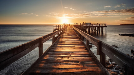 Obraz na płótnie Canvas An pier stretching into the horizon, illuminated by golden sunlight