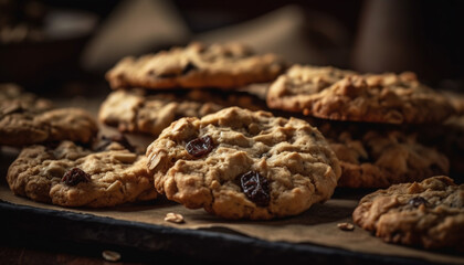 A tempting heap of homemade chocolate chip cookies on wood generated by AI