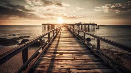 Fototapeta premium An pier stretching into the horizon, illuminated by golden sunlight