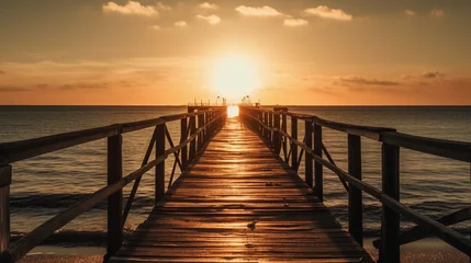 Tuinposter An pier stretching into the horizon, illuminated by golden sunlight © Milan