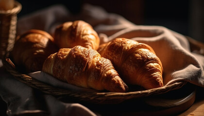 A rustic French croissant, baked to perfection, ready to eat indulgence generated by AI