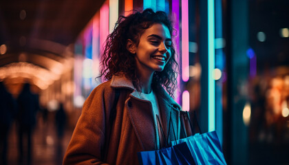 African and Caucasian women enjoy city nightlife shopping in winter dusk generated by AI - obrazy, fototapety, plakaty