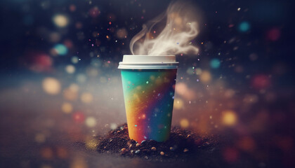 Hot cappuccino steams in abstract blue backdrop, glowing with freshness generated by AI