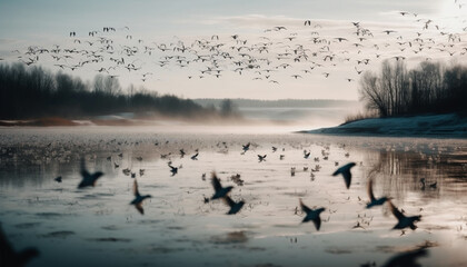 A tranquil scene of a large group of flying swans generated by AI