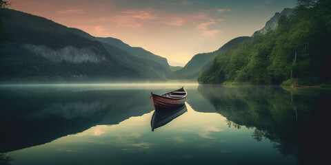 lonely empty fisher boat floating on a calm surface of Lake, generative AI
