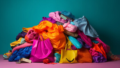A messy heap of multi colored clothing in a retail store generated by AI