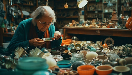 Craftsperson making pottery in workshop with concentration and creativity generated by AI