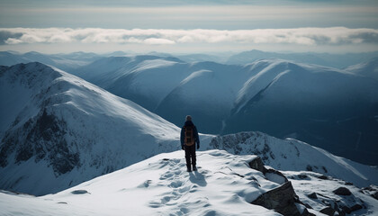 One person standing high up on mountain peak, achieving success generated by AI