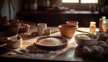 Fototapeta premium Freshly baked bread on rustic wooden table, homemade with love generated by AI