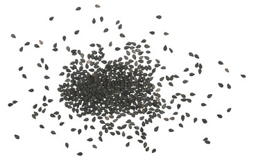 Black organic sesame seeds isolated on white background, top view