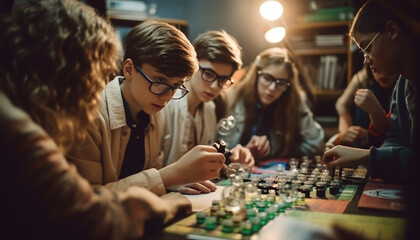 A group of young adults sitting at a table playing games generated by AI