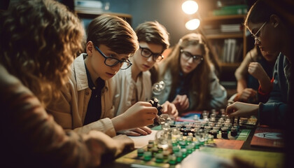 Fototapeta premium A group of young adults sitting at a table playing games generated by AI