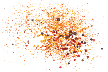 Spicy mixture of spices with chopped lemon peel, chili, peppercorns (black, green and red), mustard seeds, allspice, chopped ginger, isolated on white, top view