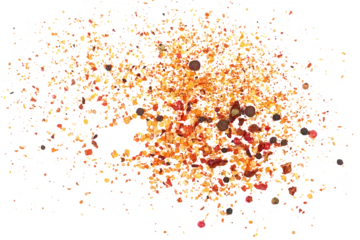 Zelfklevend Fotobehang Spicy mixture of spices with chopped lemon peel, chili, peppercorns (black, green and red), mustard seeds, allspice, chopped ginger, isolated on white, top view © dule964
