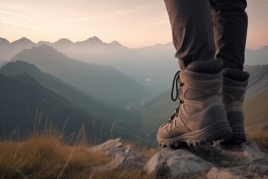 Travelers boots in the mountains. amazing panoramic landscape Mountain View, generative AI