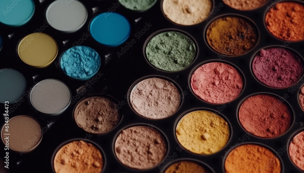 Poster a vibrant collection of multi colored eyeshadows for glamorous make up generated by ai