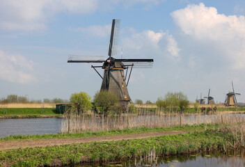 The windmills at Kinderdijk, the Netherlands, a UNESCO world heritage site. Built about 1740 system 19 windmills is part of a larger water management system to prevent flooding.