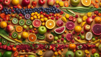 Fototapeta na wymiar Vibrant collection of healthy fruits and vegetables for nutritious meal generated by AI