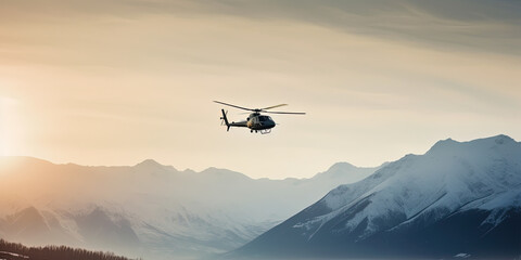 Fototapeta na wymiar rescue helicopter flying in the sky above the high mountain range, rescue operation in the mountains, generative AI