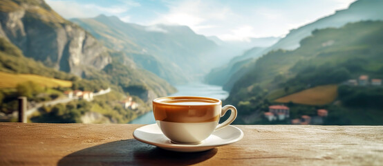 Mug with hot beverage, cup of steaming coffee, tea with mountains landscape on background, vacation concept