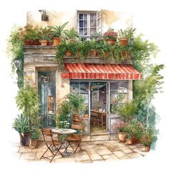 Fototapeta na wymiar watercolor painting french cozy café store front isolated on a white background made with AI generative technology