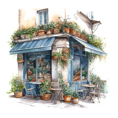 watercolor painting french cozy café store front isolated on a white background made with AI generative technology