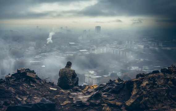 Ein erschöpfter, demoralisierter Soldat blickt über eine zerstörte Stadt erstellt mit generativer AI Technologie