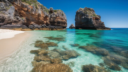 A beach section with a picturesque rock formation jutting out of the clear water