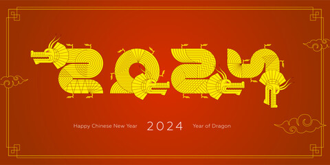 2024 geometric chinese Happy New Year dragons red banner. Gold abstract China zodiac animal dragon. Asian modern shapes with linear decor logo. Frame template for vector oriental calendar or poster