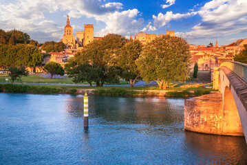 Avignon, Provence, France. Sunset golden hour with Rhone River and medieval city downtown.