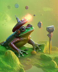 Unrealistic Frog siting on the ground and aliens flying around. Generative AI illustration