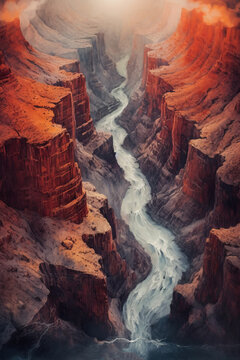 A birds-eye view of a canyon. AI generated