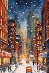 Fototapeta na wymiar Watercolor of a city snowfall. AI generated