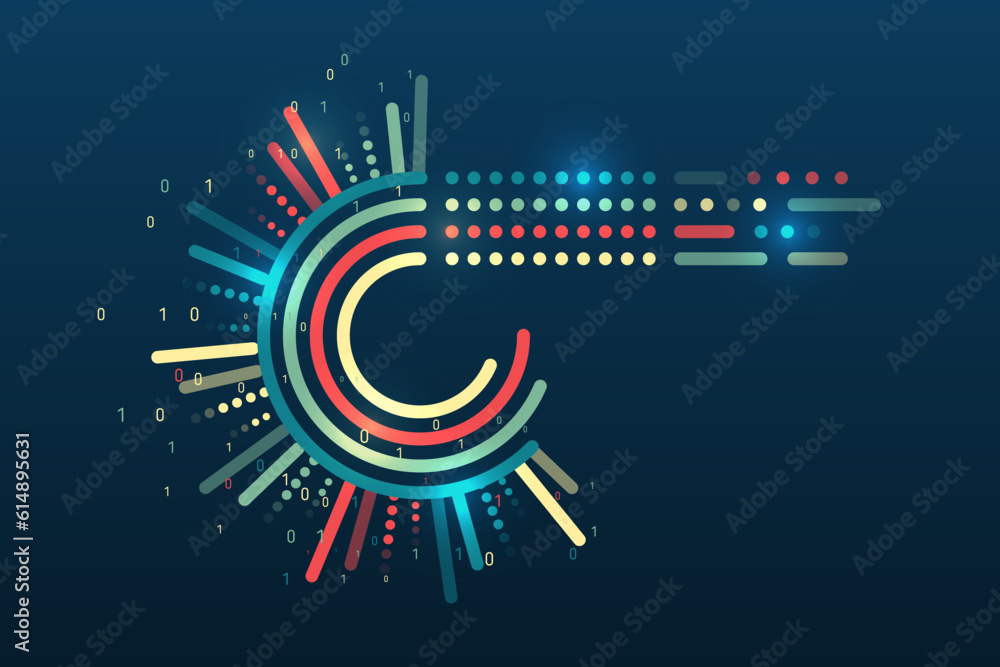 Poster Structuring the flow of information. Data analytics concept. Sorting a large amount of data on a dark background. Big data visualization. Futuristic network or business analytics.