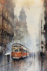 Atmospheric watercolor painting of a foggy city day. AI generated