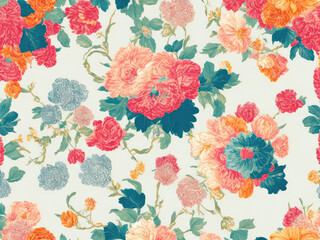 Fototapeta na wymiar Illustration of multicolored flowers on a light background, a pattern suitable as a complement to the background or as a background. Generative Ai, Ai.