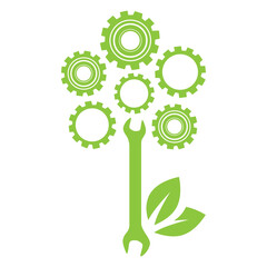 green gears, wrench tool and leaves