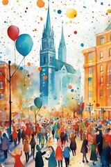 Bright watercolor of a city festival. AI generated