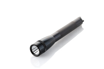 Black modern aluminum Pocket Flashlight isolated on white background. Torch, battery-powered.