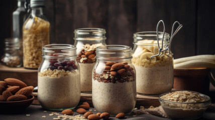 Almond banana smoothie with oat flakes in glass jars at white table.. Generative AI