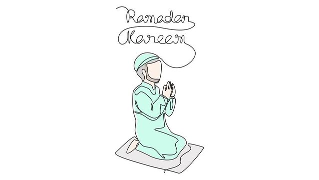 Animated self drawing of moslem man is praying the mosque during Ramadan time. Moslem praying design with design in simple linear style illustration. Ramadan Mubarak design videos for your business