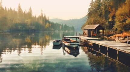 A calm lake with a dock and boats. AI generated