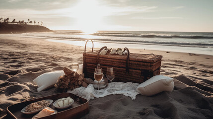 Fototapeta na wymiar A romantic beach picnic scene with a blanket, a basket full of goodies, and a bottle of champagne