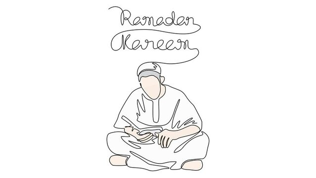 Animated self drawing of people reading Qur'an in the mosque during ramadan time. Moslem praying design in simple linear style illustration. Ramadan mubarak design videos for your business asset.