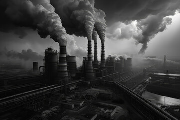 An aerial shot of a factory with dark, billowing smoke pouring from its chimneys into the sky. Generative AI, AI.