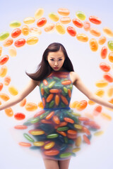 Cute girl of Asian appearance is jumping against background of flying colorful sweets. Generative AI. High quality illustration