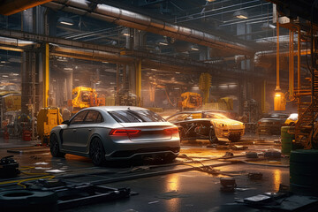 The interior of a factory, old or abandoned where there are cars. Car manufacturing concept. Generative Ai, Ai.