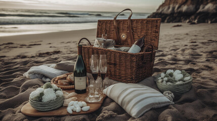 A romantic beach picnic scene with a blanket, a basket full of goodies, and a bottle of champagne