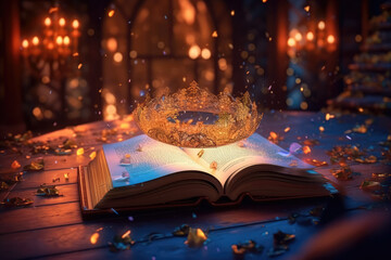 An open magical book with whimsical flowers emerging from its pages in a fairytale-like atmosphere. Generative AI, AI.