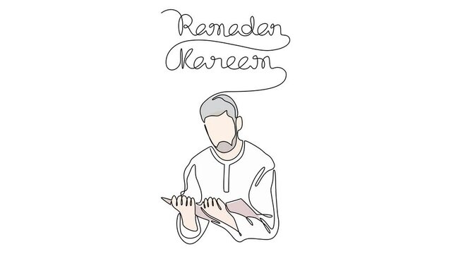 Animated self drawing of people reading Qur'an in the mosque during ramadan time. Moslem praying design in simple linear style illustration. Ramadan mubarak design videos for your business asset.